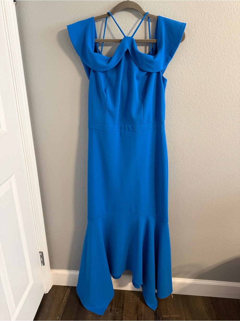 Xscape Royal Blue Off Shoulder Gown with Flounce Hem
